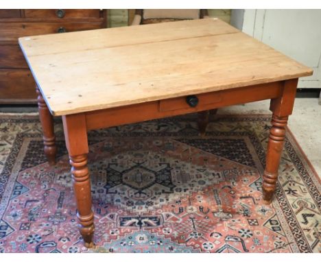 A vintage pine kitchen table on turned legs, 114 x 88 x 74 cm high 