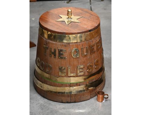 A brass-mounted coopered oak Naval rum-tub, inscribed with letters 'The Queen God Bless Her' 60 cm high to/w a copper tot-mea