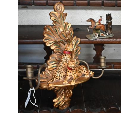 A gilt composite wall bracket embellished with leopards to/w a cold-painted metal touch-lip lighter base, modelled with hunts