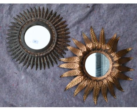 A vintage gilt metal 'sun burst' mirror, 42 cm diam (including frame), to/w a mirrored wall sconce with gilt metal front surr