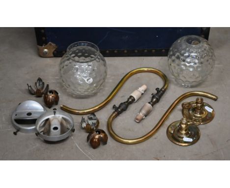 A pair of antique brass gas wall-sconces with original fittings, with globe shades 