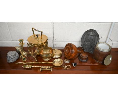 An Art Nouveau brass kettle on stand, to/w an antique brass bowl and cover, large steel cooking fork, turned wood mallet, emb