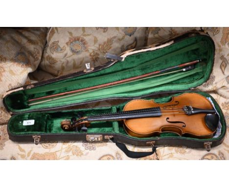 A violin with 34 cm one-piece back and 'Stradivarius' label within, 56 cm overall, in case with bow 