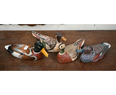 Two vintage painted wood duck decoys, 40/33 cm long to/w two later examples (4) 