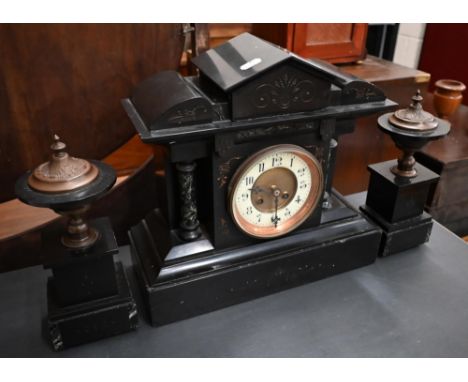 Late 19th/early 20th century slate and marble architectural garnitures&nbsp; with twin train movement clock striking on a coi