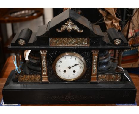 A large brass-mounted slate mantel clock with twin-train French movement 39 x 59 cm 