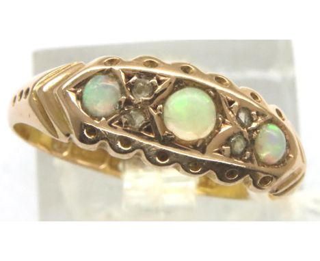 15ct gold opal set ring, size O, 1.8g. Good condition, hallmarks clear, no visible damage, ring is perfectly round. P&amp;P G