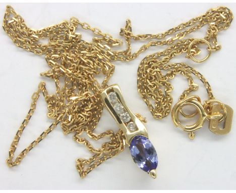 Boxed 9ct gold necklace with a diamond and amethyst set pendant, chain L: 42 cm, pendant L: 16 mm, 1.4g. Amethyst loose. P&am