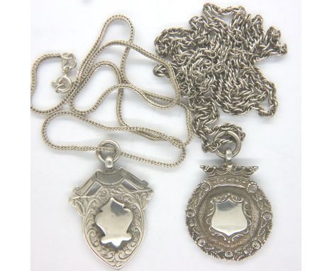 Two hallmarked silver fob necklaces, largest chain L: 60 cm, combined 25g. P&amp;P Group 1 (£14+VAT for the first lot and £1+