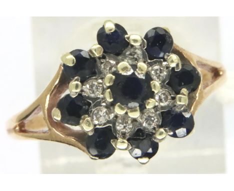 9ct gold sapphire and diamond cluster ring, size R/S, 2.9g. P&amp;P Group 1 (£14+VAT for the first lot and £1+VAT for subsequ