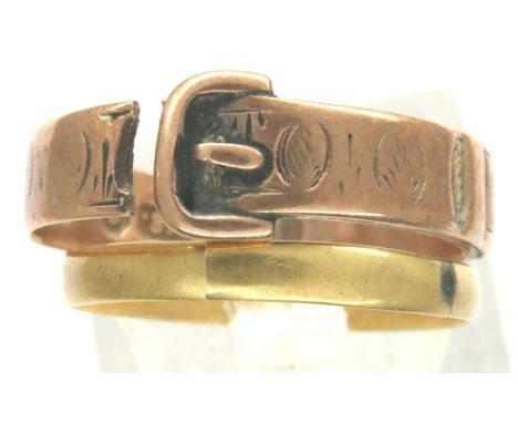 9ct gold buckle ring, 2.1g and an 18ct gold wedding band, 1.0g, both broken. P&amp;P Group 1 (£14+VAT for the first lot and £