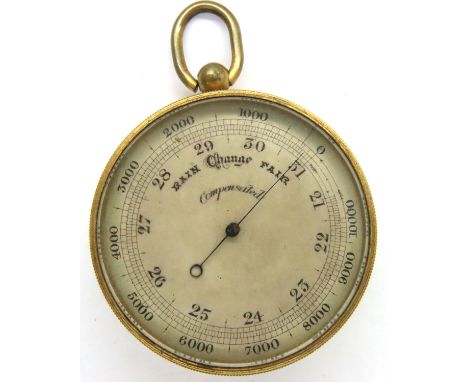 Brass pocket compensated barometer, D: 80 mm. P&amp;P Group 1 (£14+VAT for the first lot and £1+VAT for subsequent lots) 