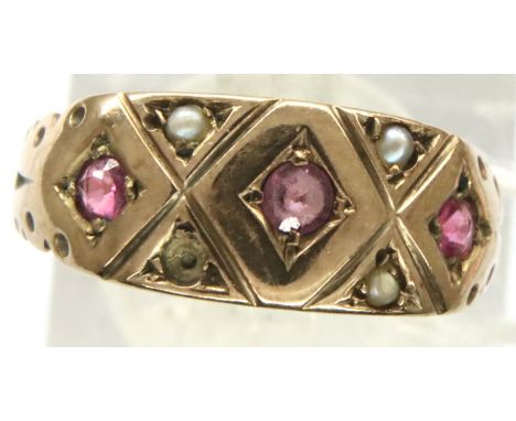 Vintage 9ct gold ruby and seed pearl set ring, size L, 2.8g. P&amp;P Group 1 (£14+VAT for the first lot and £1+VAT for subseq