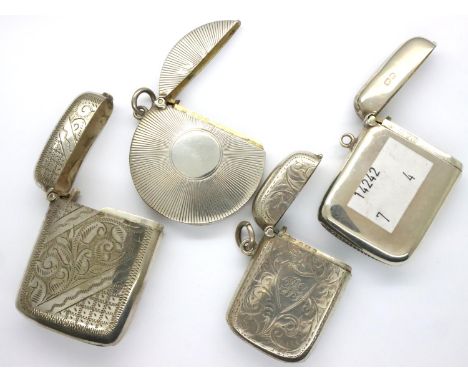 Four early 20th century silver vesta cases; Edwardian engine turned by Joseph Gloster Birmingham, 1907 plain vesta case by WJ