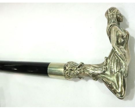 Ebonised walking stick with white metal handle featuring Leda and the swan. Not available for in-house P&amp;P, contact Paul 