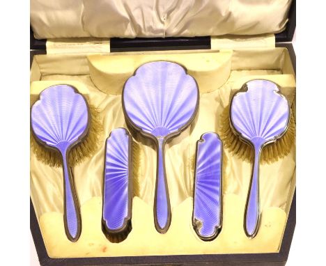 Hallmarked silver enamel guilloche cased five piece brush set, some losses to guilloche. P&amp;P Group 2 (£18+VAT for the fir