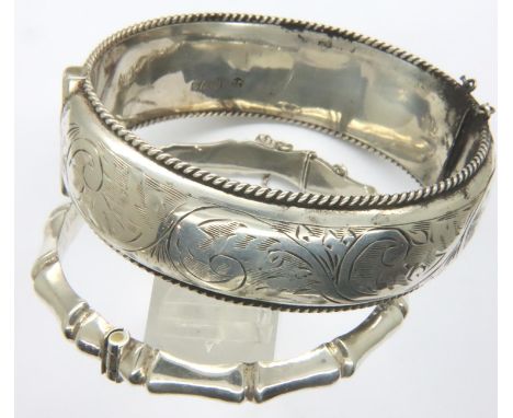 Hallmarked silver bangle, Chester assay and a bamboo style silver bangle, combined 44g. P&amp;P Group 1 (£14+VAT for the firs