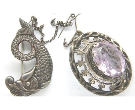 Hallmarked silver amethyst set brooch and a fish brooch, combined 18g. P&amp;P Group 1 (£14+VAT for the first lot and £1+VAT 