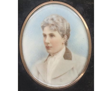 A 19th century painted portrait miniature on ivory, set into a 9ct gold frame and a leather bound box, portrait 60 x 48mm. P&