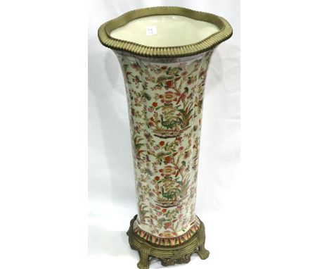 Large 20th century Chinese ceramic stick stand with metal mounts, H: 62 cm. Not available for in-house P&amp;P, contact Paul 