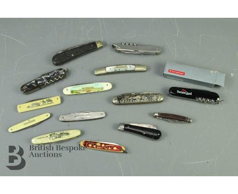 Quantity of pocket knives, including tourist examples eg: Buckingham Palace, Southend-on-Sea, boxed Victorinox, mother of pea