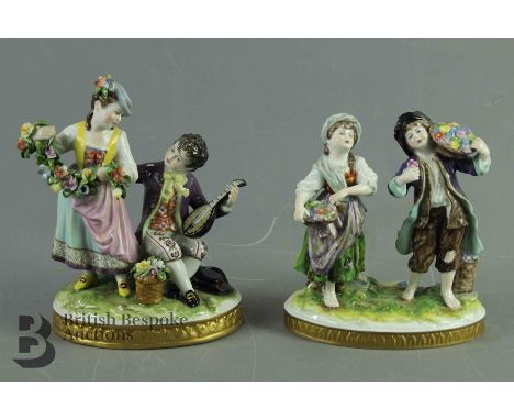 Two Continental porcelain figural groups, the first depicting flower collectors, approx 15 x 12 cms the second group depictin