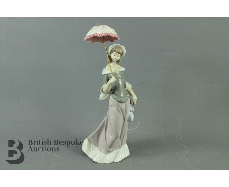 Lladro porcelain figurine, swept skirt and a lace-effect parasol, approx 33 cms h, with blue factory mark.