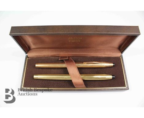 Vintage 14kt gold plated Cross ink pen with 14kt gold nib together with a 12kt gold plated Cross ballpoint pen, in a Cross pr