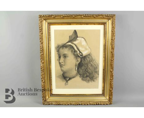 19th century pencil portrait, depicting a young woman in Breton headdress, approx 24 w x 32 h cms, framed.