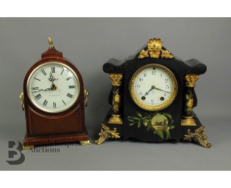 American Seth Thomas Mantel Clock, white enamel face with numeric dial, gilt effect mounts, approx 26.5 x 28 x 12.5 cms toget