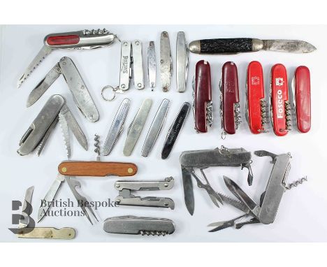 Collection of assorted pen knives, including Swiss Army style, stainless steel with a number Leatherman-style multi-function 