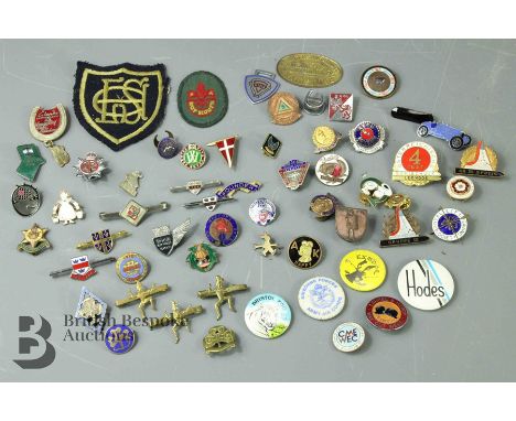 Miscellaneous enamel pin badges, including National Rose Society, Royal Society for the Prevention of Accidents, Clarks Lucky