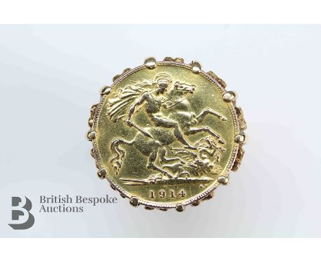 George V 22ct gold half sovereign ring in 9ct gold mount, 1914, size N, approx 9.8&nbsp; gms.&nbsp;