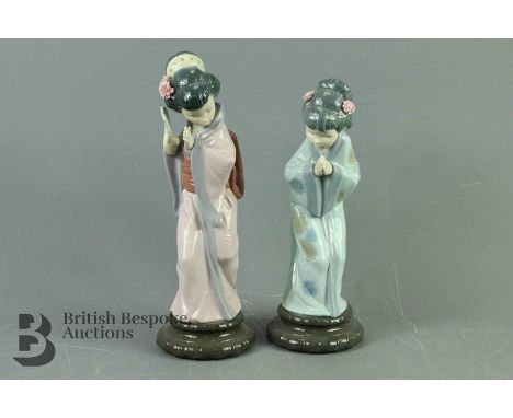 Lladro Figurines, Geisha approx 18 cms, blue factory marks to base together with&nbsp;Lladro geisha clasping a fan, approx 30