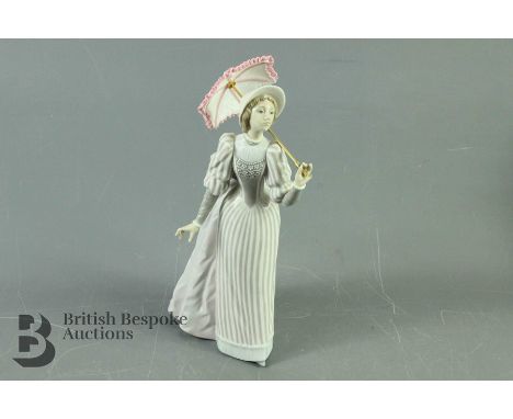 Lladro porcelain figurine, swept skirt and a lace-effect parasol, approx 28 cms h, with blue factory mark. (af)Condition for 