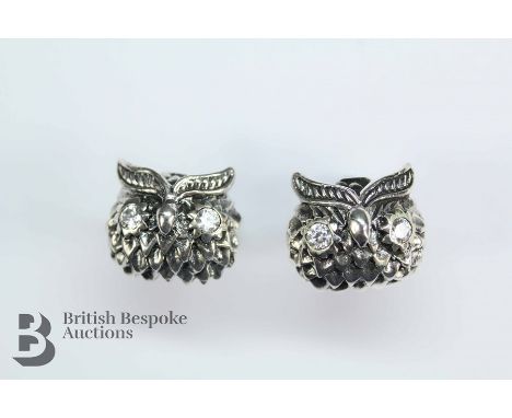 Pair of silver stud earrings in the form of owls in presentation box.&nbsp;