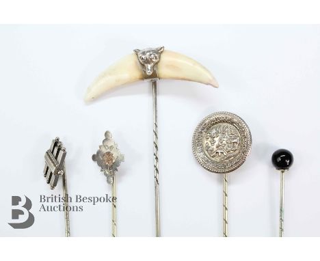 Miscellaneous silver headed tie pins including fox head, silver Chinese miniature charger, 9ct gold and silver floral pin, si