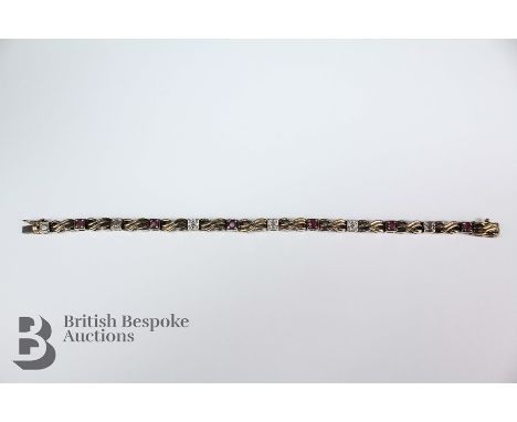 Silver, diamond and ruby line bracelet, approx 18 cms, approx 15.9 gms, stamped 925.&nbsp;