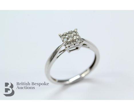 9ct white gold diamond ring, size L, set with approx 14 pts of dias, approx 1.78 gms.&nbsp;