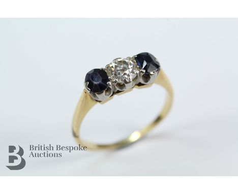 18ct yellow gold, sapphire and diamond ring,&nbsp; with approx 40 pts of old-cut dias and two 4.8 x 3.8 mm sapphires, size M+