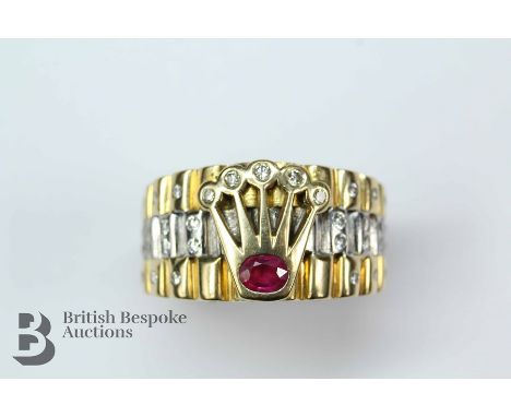 Rolex 18ct yellow gold, diamond and ruby ring, the ruby approx 4.4 x 3.4 mm and set with 40 pts of dias, size V approx 11.8&n