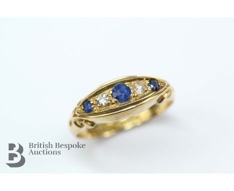 Antique 18ct sapphire and diamond ring, Birmingham hallmark, the ring set with three sapphires 1 at 3mm and 2 at 2mm and 2 x 