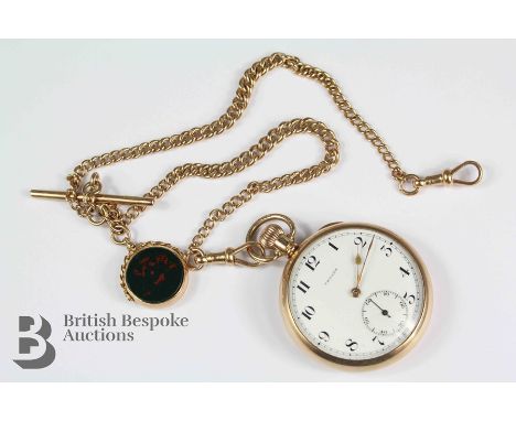9ct gold Trojan pocket watch, the watch having a Dennyson case with stainless steel dust cover, white enamel face with numeri