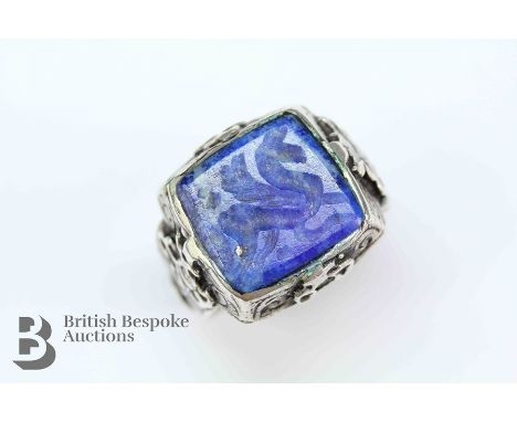 Antique silver and lapis lazuli seal ring, size R, approx 7 gms.&nbsp;