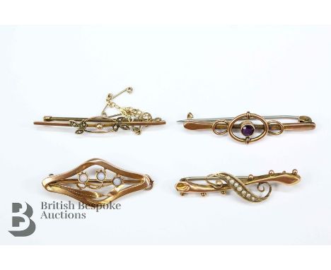 Four 9ct yellow gold (tested) bar brooches, two pearls, one amethyst and one opal, approx 7.5 gms, all with yellow metal pins