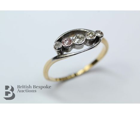 18ct yellow gold, platinum and diamond ring, the ring set with five diamonds approx 22 pts, size O, approx 2.5 gms.&nbsp;