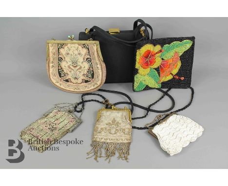 Six vintage handbags, this lot comprises a floral beaded handbag, black evening bag, tapestry evening bag, white beaded coin 