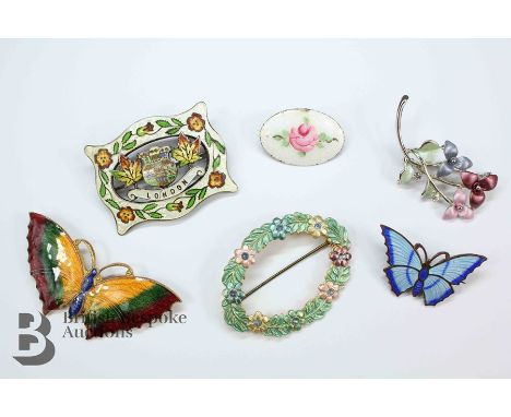 Six enamel brooches, including a sterling silver and enamel London brooch, approx 50 mm x 35mm; butterfly brooch approx 60 mm