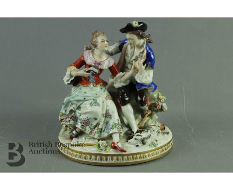 Sitzendorf porcelain figural group, young lovers playing musical instruments, approx 20.5 cms.
