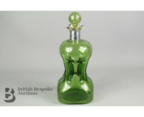 19th century green glass glug decanter, silver collar,&nbsp; London hallmark, dated 1895, mm William Hutton &amp; Sons, appro